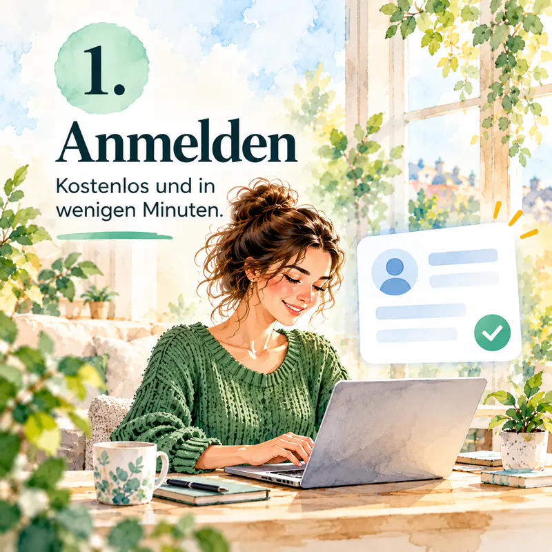1. Anmelden – Kostenlos und in wenigen Minuten.