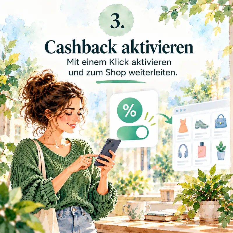3. Cashback aktivieren – Mit einem Klick aktivieren und zum Shop weiterleiten.