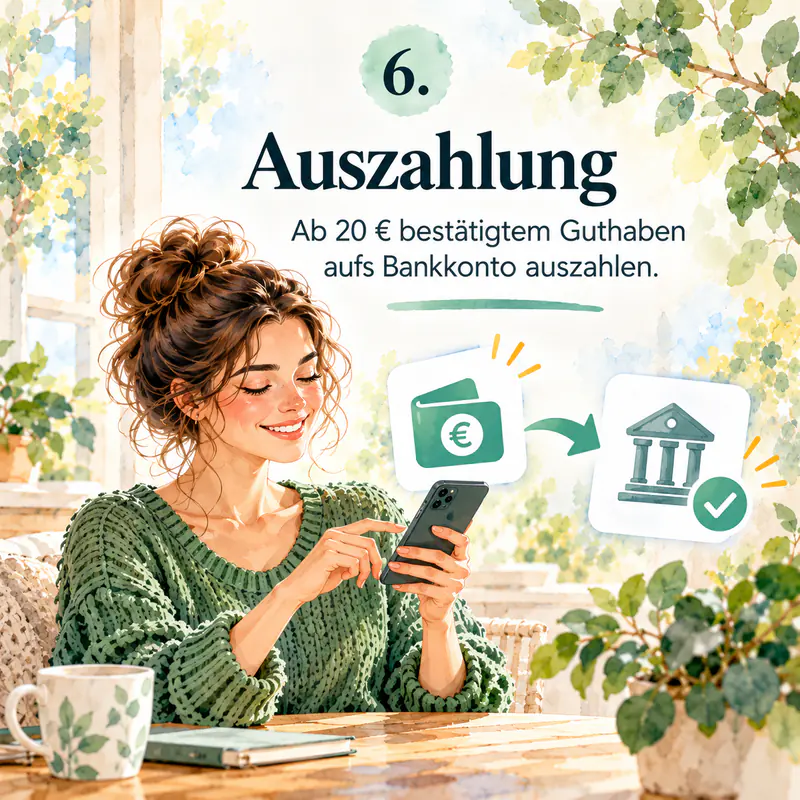 6. Auszahlung – Ab 20,00 € bestätigtem Guthaben aufs Bankkonto auszahlen.